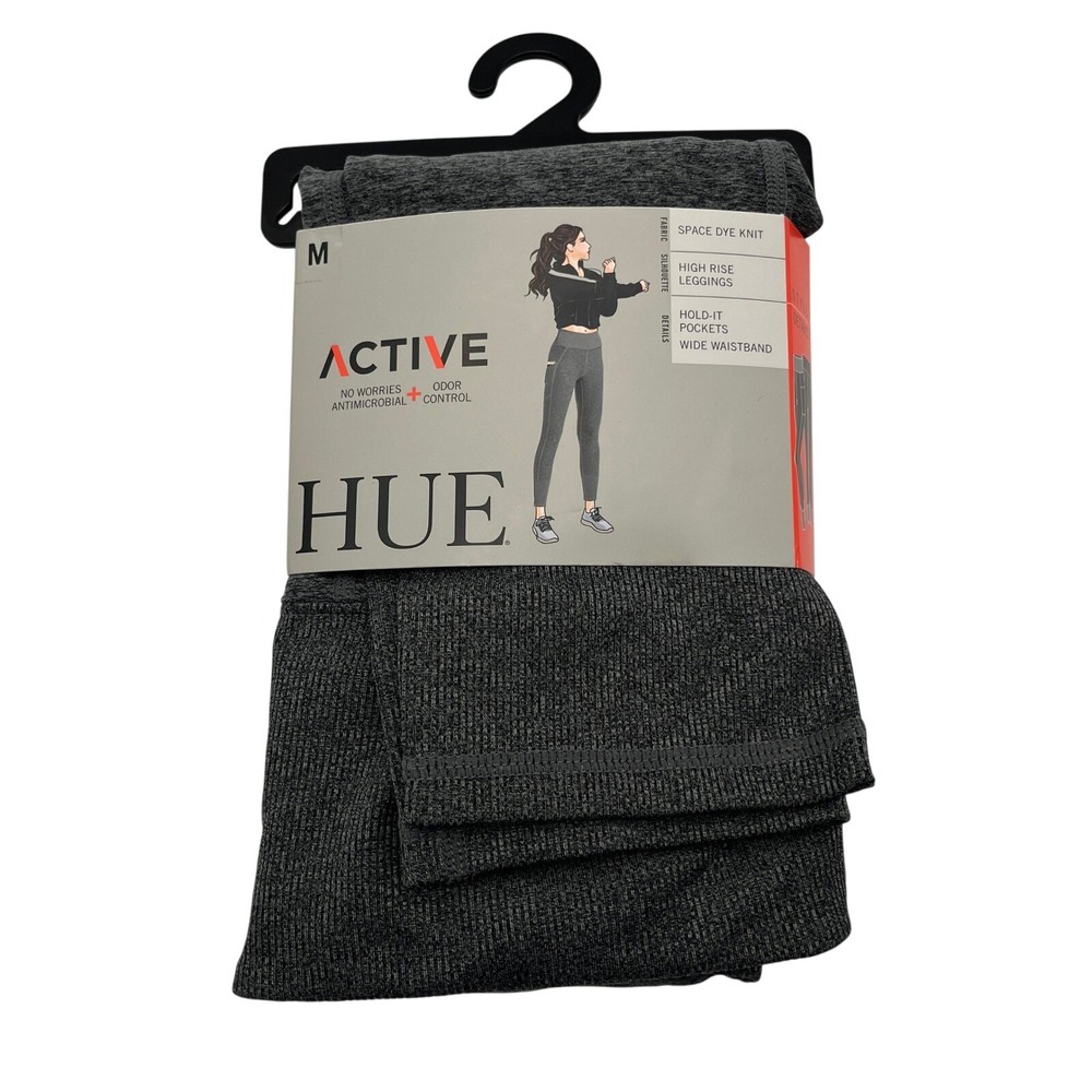 HUE Leggings Womens Medium Black Wide Waistband Hold It Legging Space Dye Active